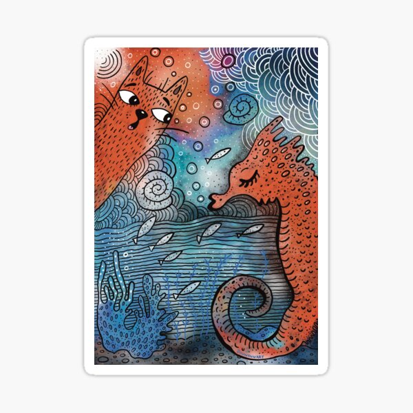 Cat in water, sea Horse, marine life Sticker