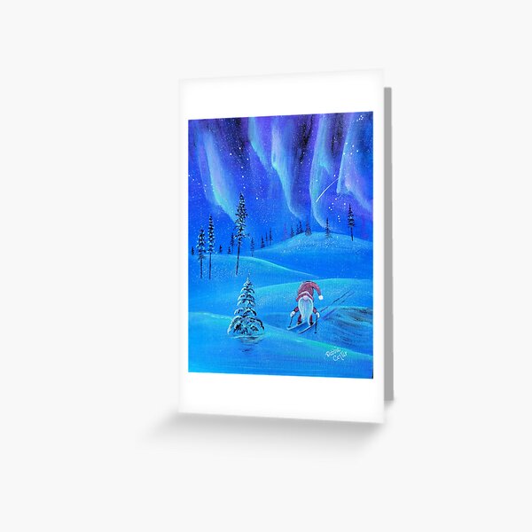 Gnome Skiing under Aurora Greeting Card