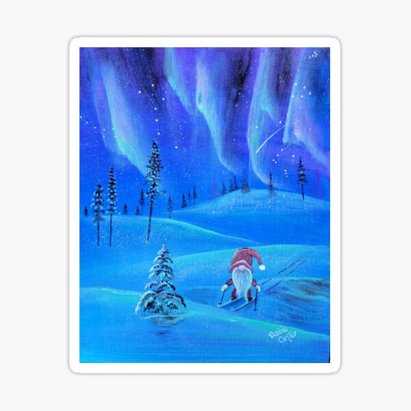 Gnome Skiing under Aurora Sticker