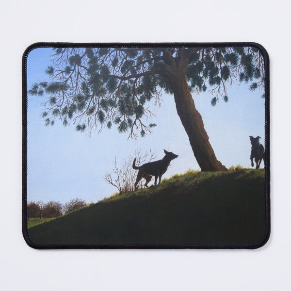 Item preview, cone tree on hillside with dogs playing designed and sold by pollywolly.