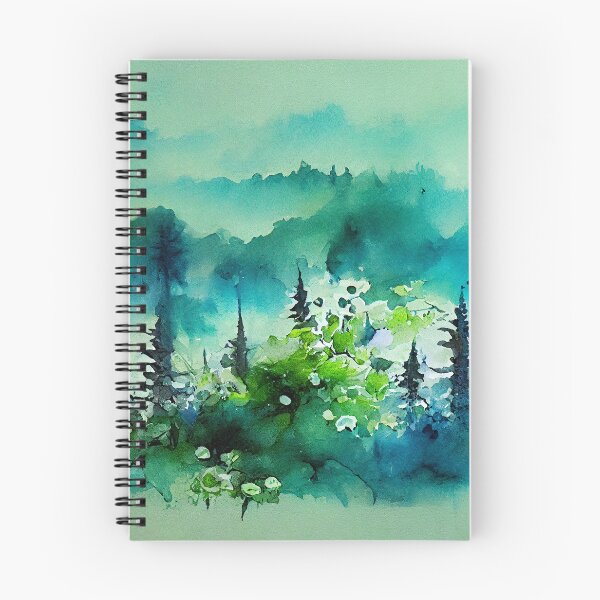 Item preview, Greeny blue moody forest in fog in loose watercolor style with small cute floral elements designed and sold by aricutcia.