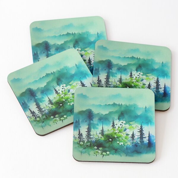 Item preview, Greeny blue moody forest in fog in loose watercolor style with small cute floral elements designed and sold by aricutcia.