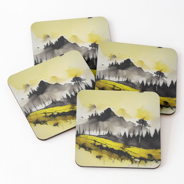 Item preview, Moody yellow black palete ink watercolor style landscape with mountains and pine forest designed and sold by aricutcia.