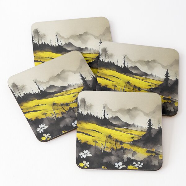 Item preview, Yellow Black Landscape with Mountains in the Background, pine forest and small florals designed and sold by aricutcia.