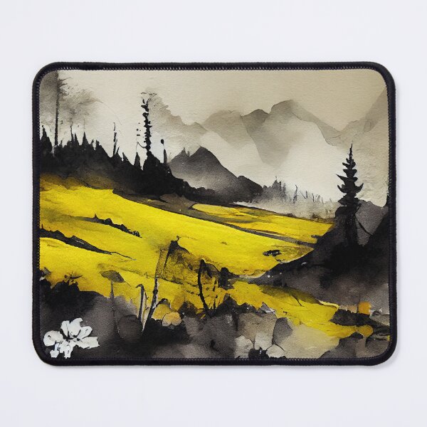 Item preview, Yellow Black Landscape with Mountains in the Background, pine forest and small florals designed and sold by aricutcia.