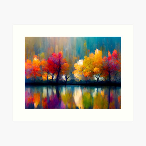 Vista previa del artículo con la obra «Árboles de otoño reflejando en un estanque», diseñado y vendido por fadetocolour.