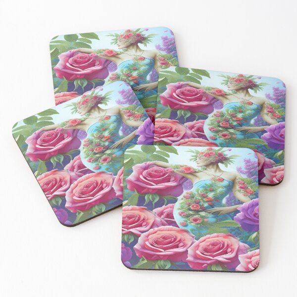 Item preview, A beautiful garden with red roses and a woman in a dress with rose patterns designed and sold by ValleyDream.