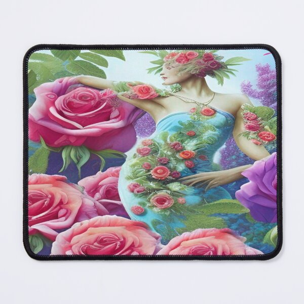 Item preview, A beautiful garden with red roses and a woman in a dress with rose patterns designed and sold by ValleyDream.