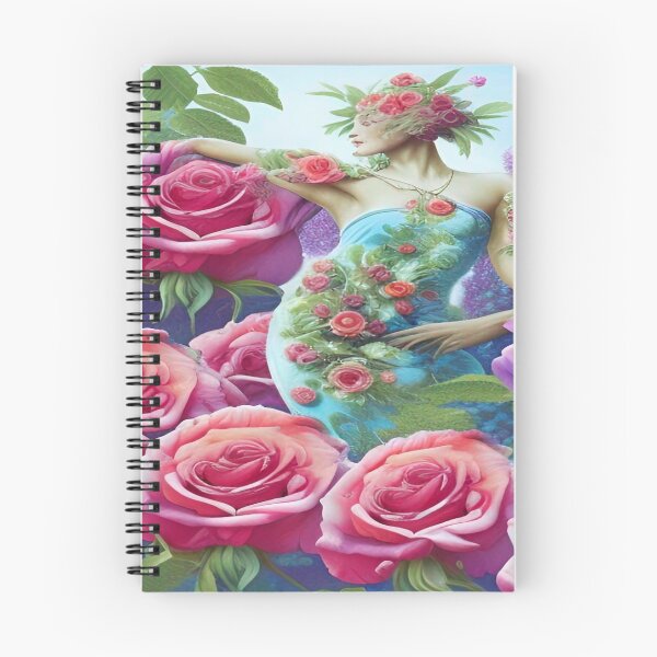 Item preview, A beautiful garden with red roses and a woman in a dress with rose patterns designed and sold by ValleyDream.