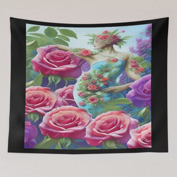 Item preview, A beautiful garden with red roses and a woman in a dress with rose patterns designed and sold by ValleyDream.