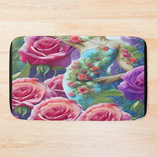 Item preview, A beautiful garden with red roses and a woman in a dress with rose patterns designed and sold by ValleyDream.