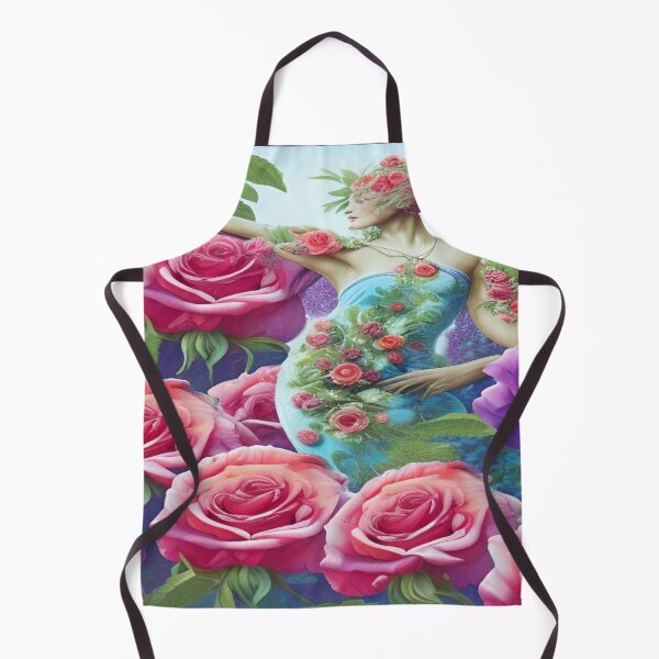 Item preview, A beautiful garden with red roses and a woman in a dress with rose patterns designed and sold by ValleyDream.
