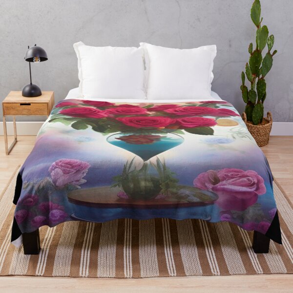 Item preview, red roses in a beautiful glass vase on a background of pink roses designed and sold by ValleyDream.