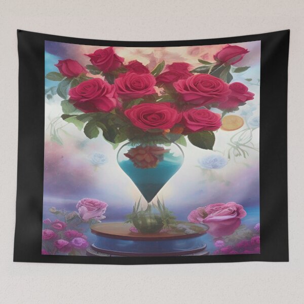 Item preview, red roses in a beautiful glass vase on a background of pink roses designed and sold by ValleyDream.