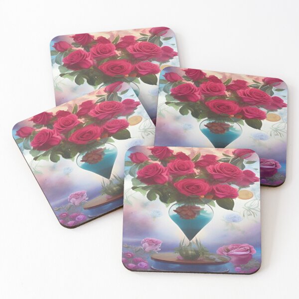 Item preview, red roses in a beautiful glass vase on a background of pink roses designed and sold by ValleyDream.