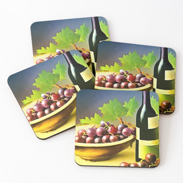 Item preview, wine Bottle and Grapes on table designed and sold by Elaine Manley.