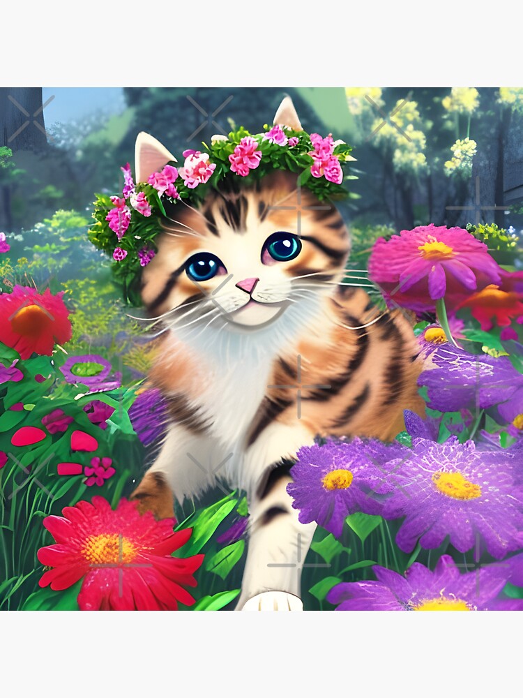 "Spring Kitten Tricolour Tabby Cat with flower crown" Sticker for