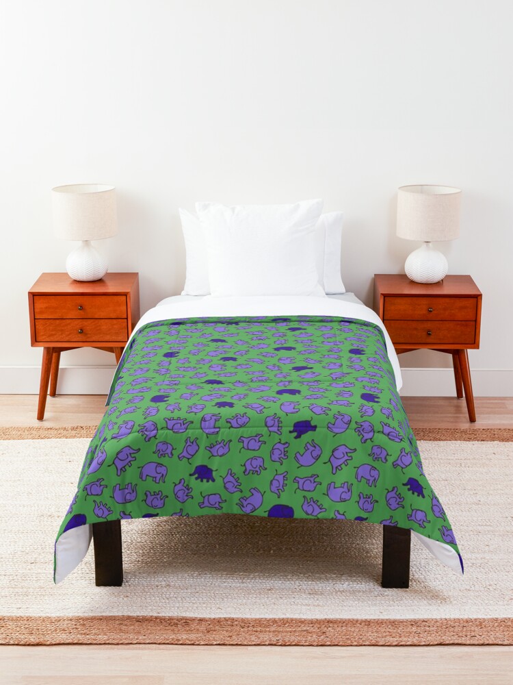 Alternate view of Elephants - Lilac and Blue on Green - cute, fun pattern by Cecca Designs Comforter