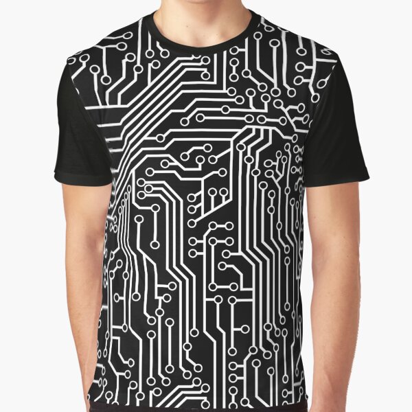 Modern Black and White Cybernetic Circuit Board Pattern Graphic T-Shirt