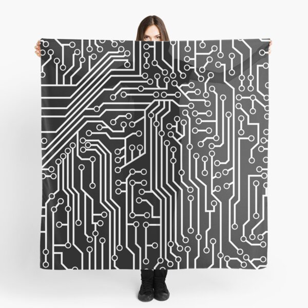 Modern Black and White Cybernetic Circuit Board Pattern Scarf