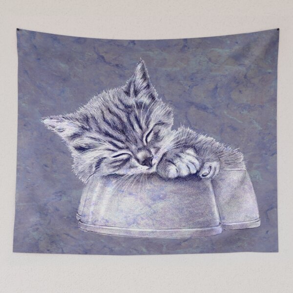 Item preview, Kitten asleep in bowl - purple marbled version designed and sold by SylvieG18.