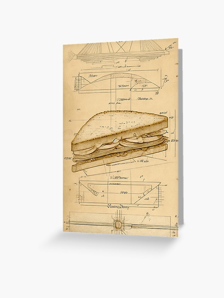 Dessin technique de sandwich avec saucisse et l gumes avec mesures et calculs dans le style L onard de Vinci Carte de v ux