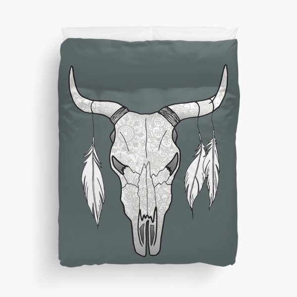 Floral Bull Skull with Feathers Duvet Cover