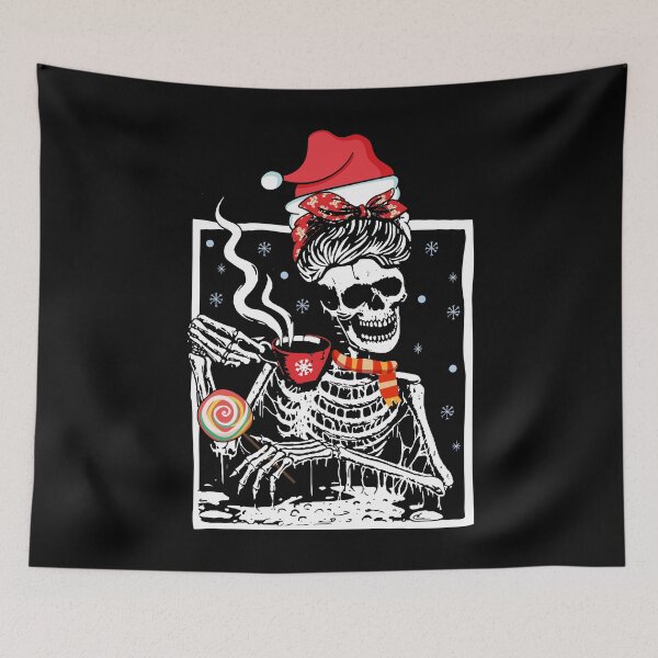 Item preview, Christmas Skeleton Messy Bun Smiling Skull Drinking Coffee Latte designed and sold by RikoAiba.