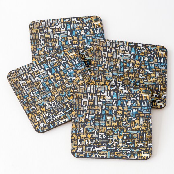 Item preview, Ancient Egyptian blue, white and golden pictograms and hieroglyphs olden colorful pattern designed and sold by ArtifactVault.