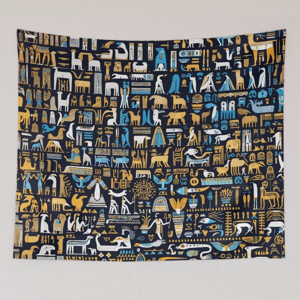 Item preview, Ancient Egyptian blue, white and golden pictograms and hieroglyphs olden colorful pattern designed and sold by ArtifactVault.