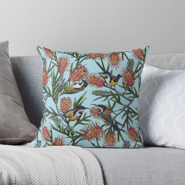 Eastern Spinebill in Grevilleas Repeated Pattern by Australian artist Laural Retz Throw Pillow