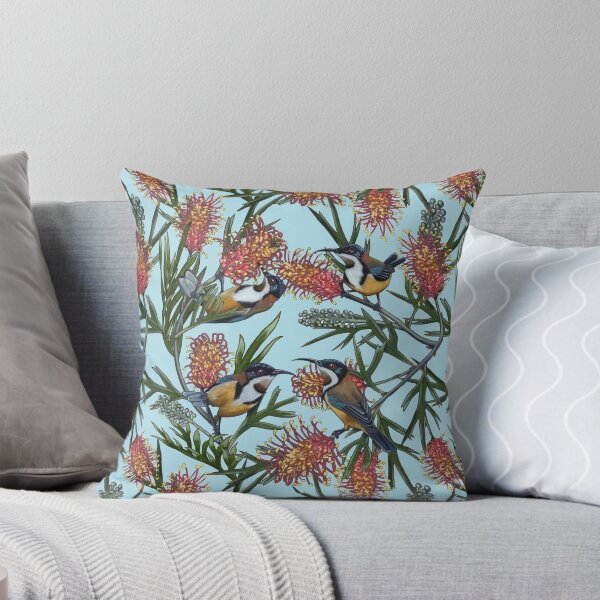 Eastern Spinebill in Grevilleas Repeated Pattern by Australian artist Laural Retz Throw Pillow