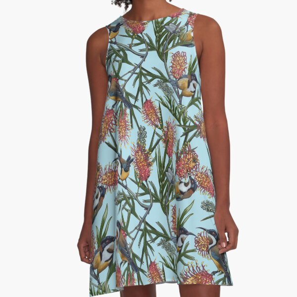 Eastern Spinebill in Grevilleas Repeated Pattern by Australian artist Laural Retz A-Line Dress