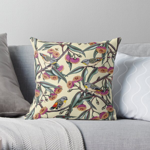 Pardalotes in Gum Flowers Repeated Pattern by Australian artist Laural Retz Throw Pillow