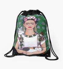 Frida cat lover Drawstring Bag
