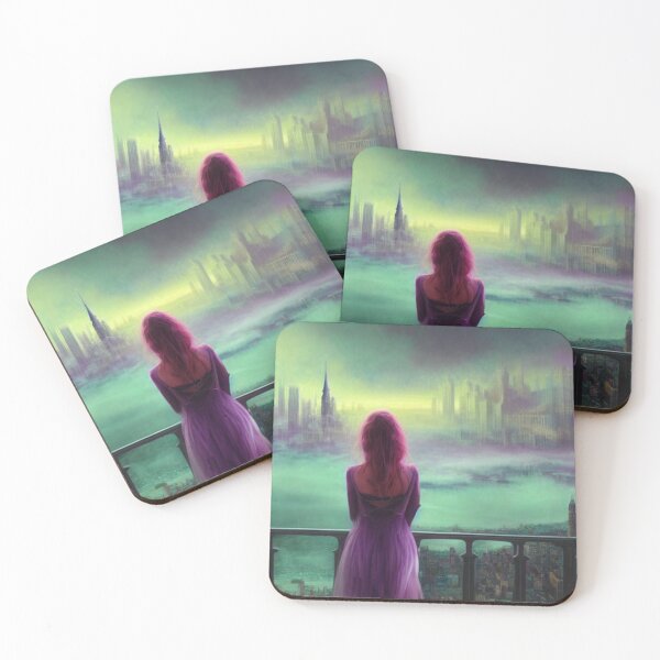 Item preview, The beautiful woman above a city watches foggy buildings designed and sold by LunaChica.