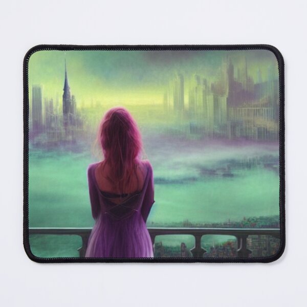 Item preview, The beautiful woman above a city watches foggy buildings designed and sold by LunaChica.