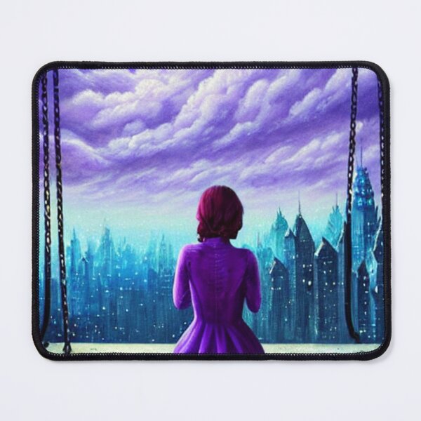 Item preview, The beautiful woman on the swing watches the city and purple clouds. designed and sold by LunaChica.