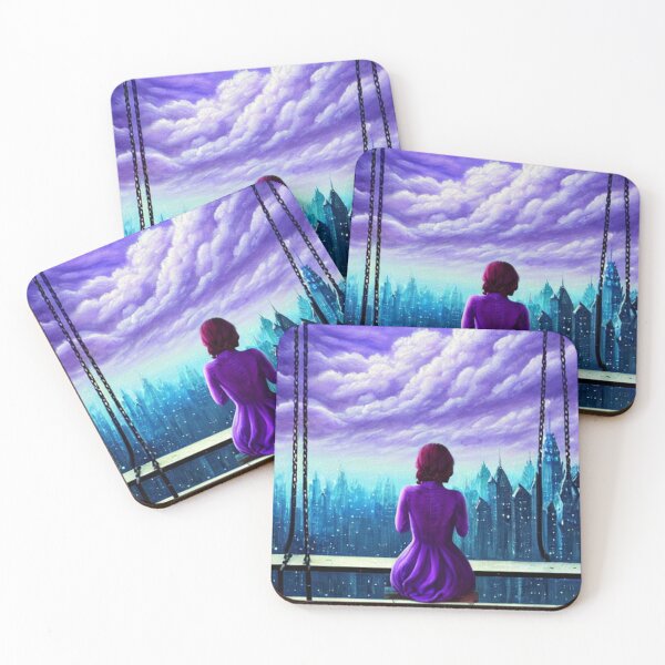 Item preview, The beautiful woman on the swing watches the city and purple clouds. designed and sold by LunaChica.