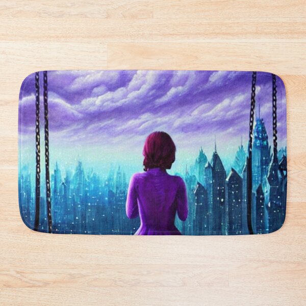 Item preview, The beautiful woman on the swing watches the city and purple clouds. designed and sold by LunaChica.