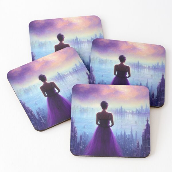 Item preview, The beautiful woman above a city watches puple lake and buildings designed and sold by LunaChica.