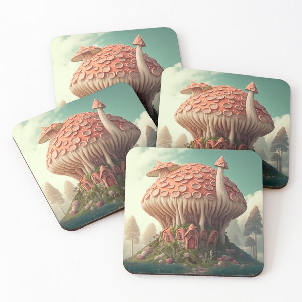 Item preview, Peachy Pink Fantasy Mushroom Fairy House in the Forest designed and sold by Vicki Noble Art.