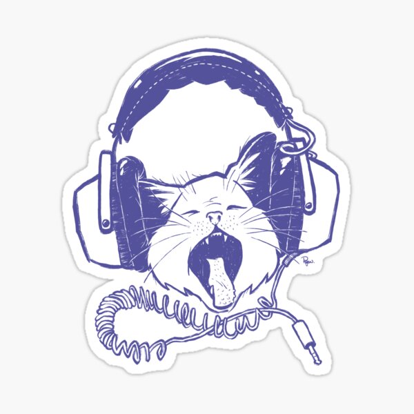 Cat Rocking Headphones - blue line art version Sticker