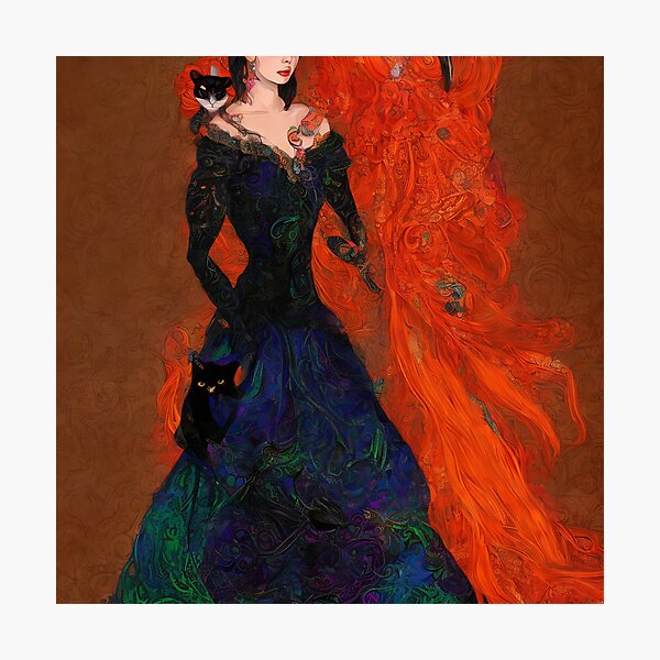 A beautiful and mysterious woman in an intricate and colorful gown Photographic Print