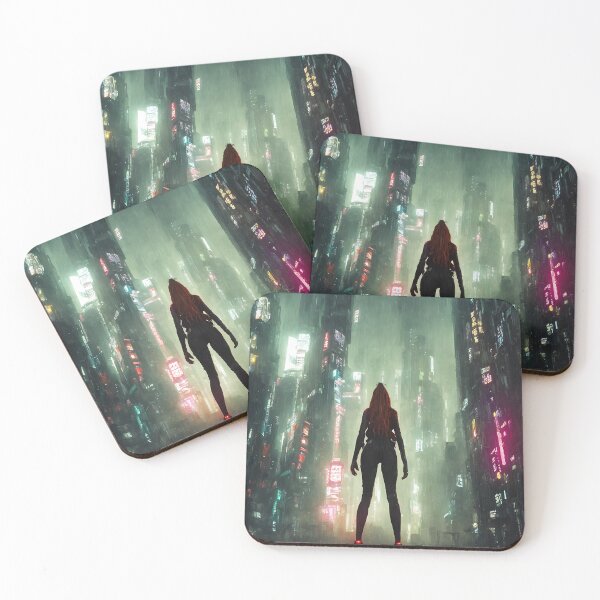 Item preview, Girl standing, cyberpunk city, rainy, trending designed and sold by DrawItOnce.