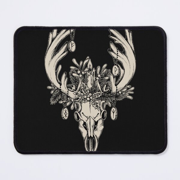 Item preview, Occult pagan Yule reindeer skull illustration w/ viking runes designed and sold by RedFinchDesigns.