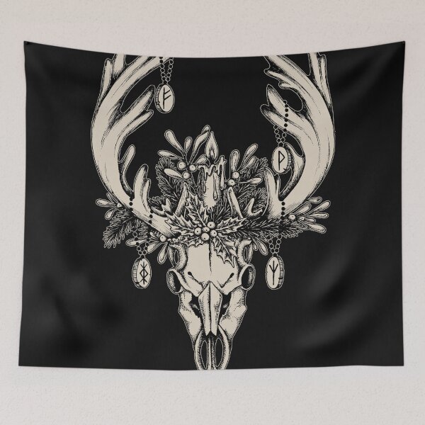 Item preview, Occult pagan Yule reindeer skull illustration w/ viking runes designed and sold by RedFinchDesigns.