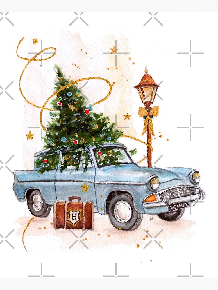 Carte de vœux avec l'œuvre « Le sapin de Noël en voiture » de l'artiste  Marie Bordet