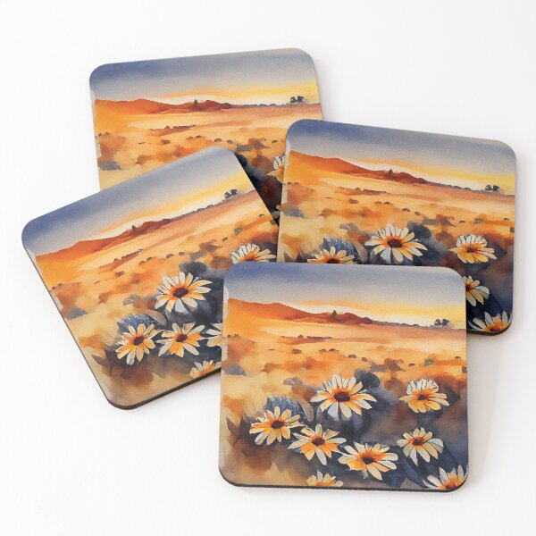 Item preview, Creamy landscape in golden hour with cute african daisy flowers in loose watercolor painting designed and sold by aricutcia.