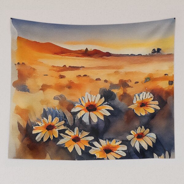 Item preview, Creamy landscape in golden hour with cute african daisy flowers in loose watercolor painting designed and sold by aricutcia.